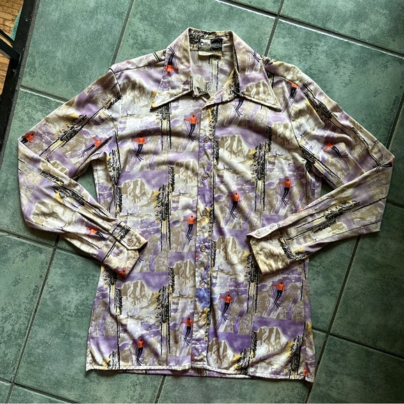 VTG 70s Retro Repeat Ski Slopes Scene Light Purple Dagger Collar Shirt - Picture 4 of 9